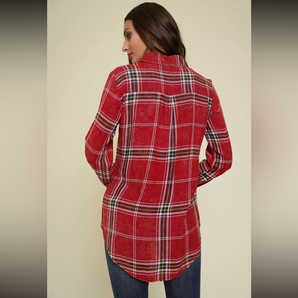 268.Plaid Button Down Shirt Washed Red Rayon Layering S M & L Available NEW Item - Picture 6 of 7